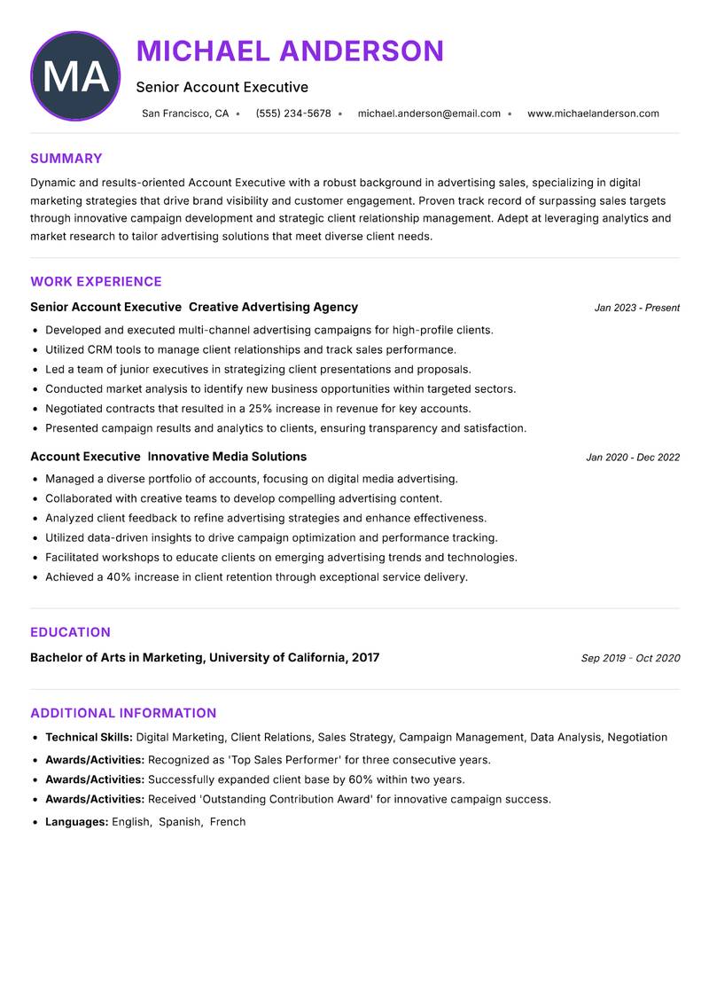 Account Executive Advertising Resume Preview Example