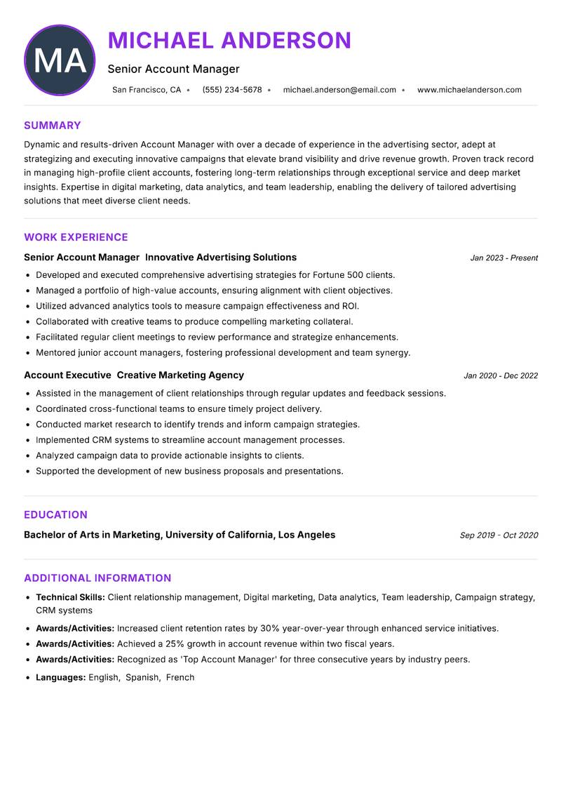 Account Manager Advertising Resume Preview Example