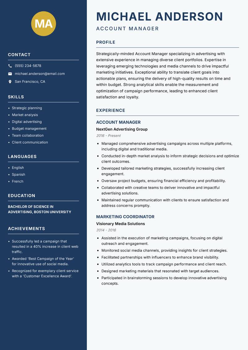 Account Manager Advertising Resume Preview Example