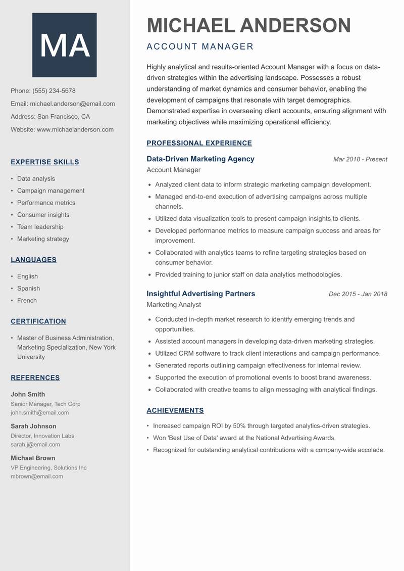Account Manager Advertising Resume Preview Example