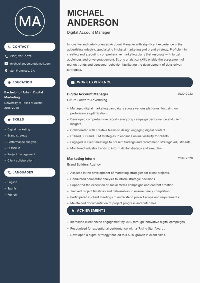 Account Manager Advertising Resume Preview Example