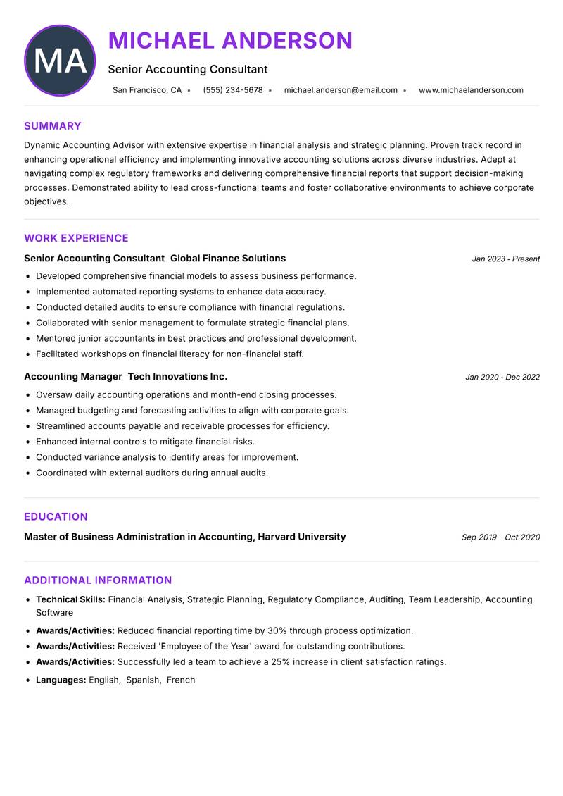 Accounting Advisor Resume Preview Example