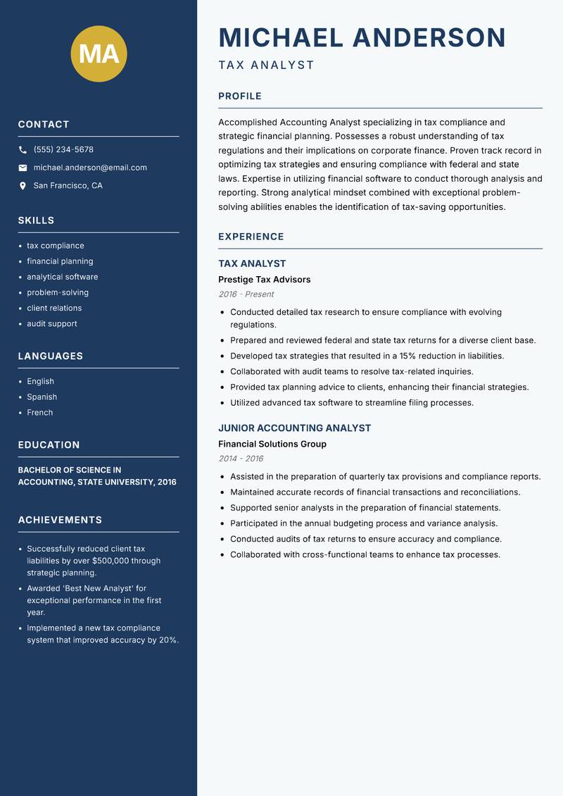 Accounting Analyst Resume Preview Example