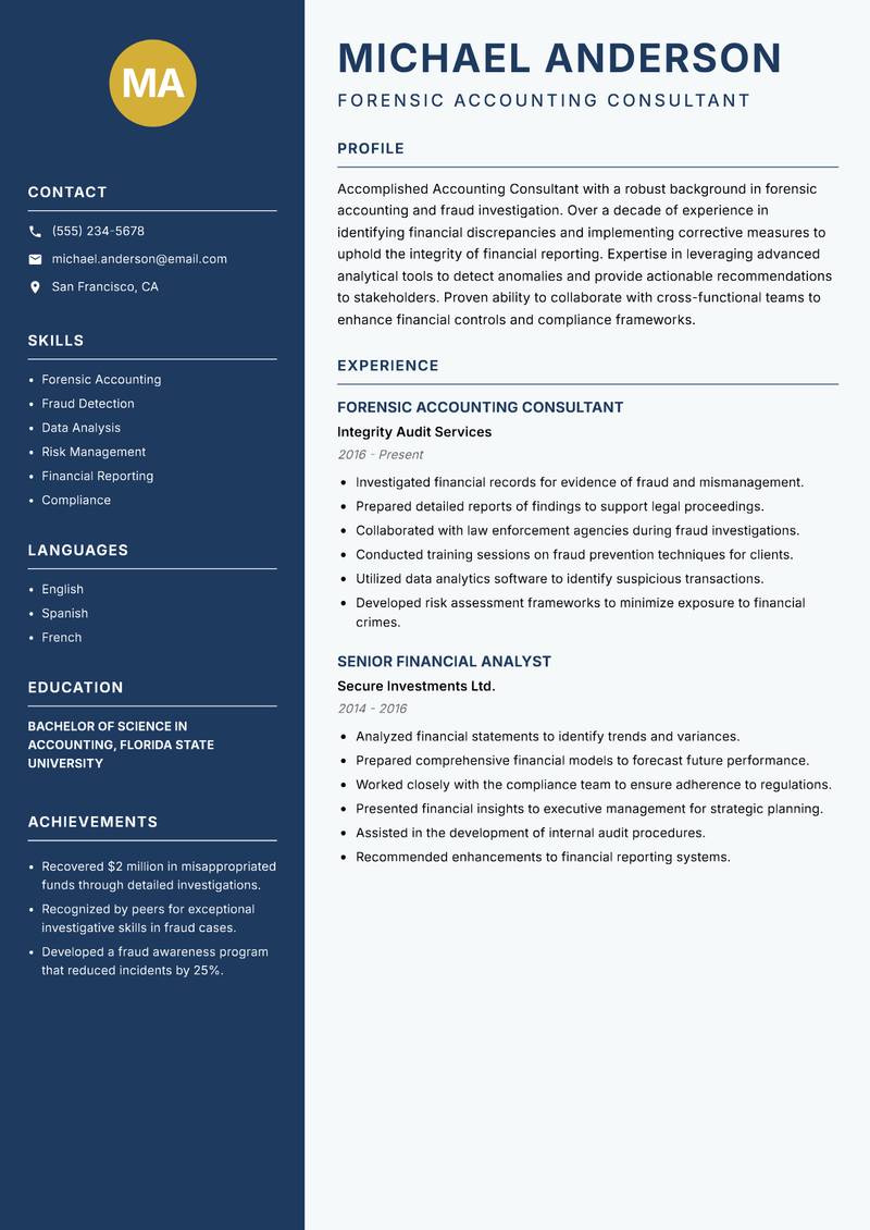 Accounting Consultant Resume Preview Example