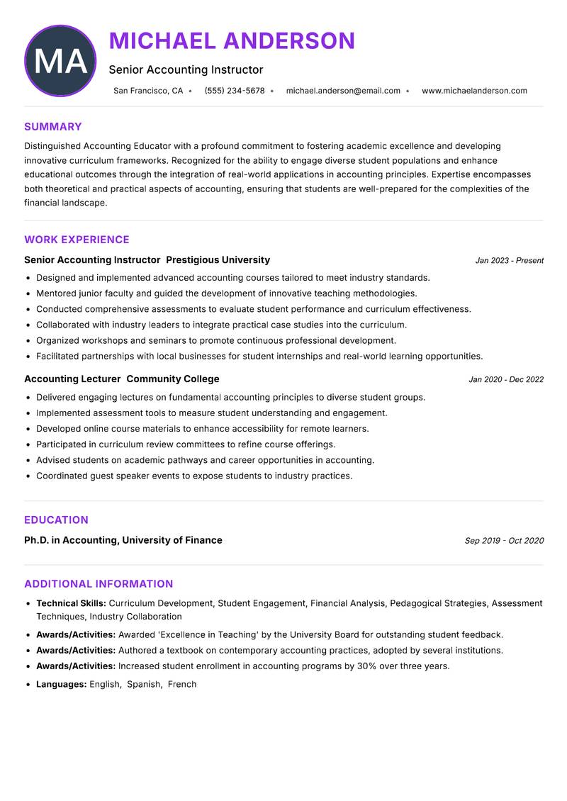Accounting Educator Resume Preview Example