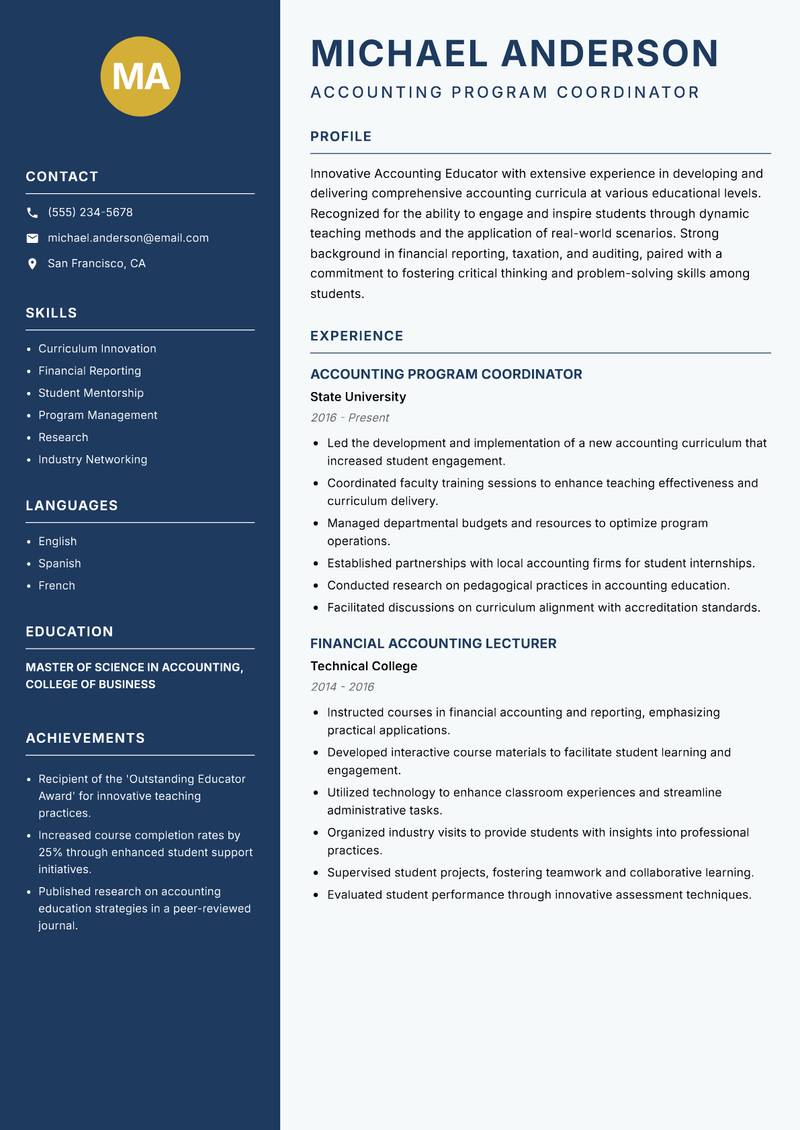 Accounting Educator Resume Preview Example
