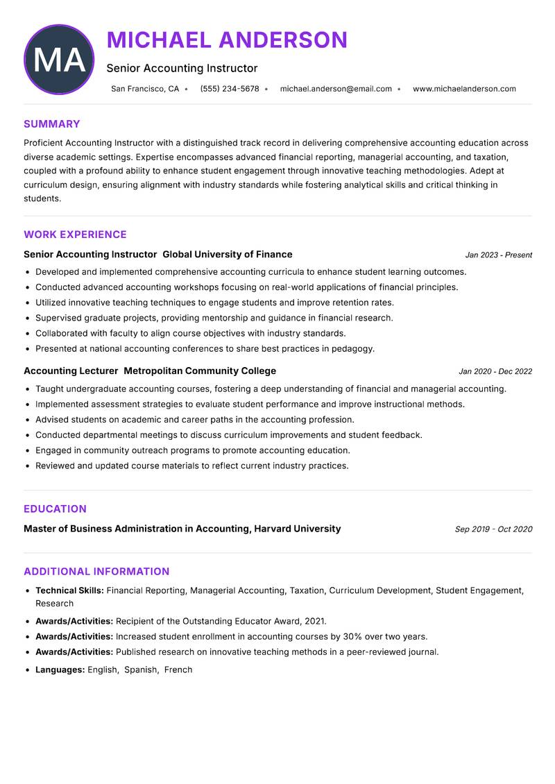 Accounting Instructor Resume Preview Example