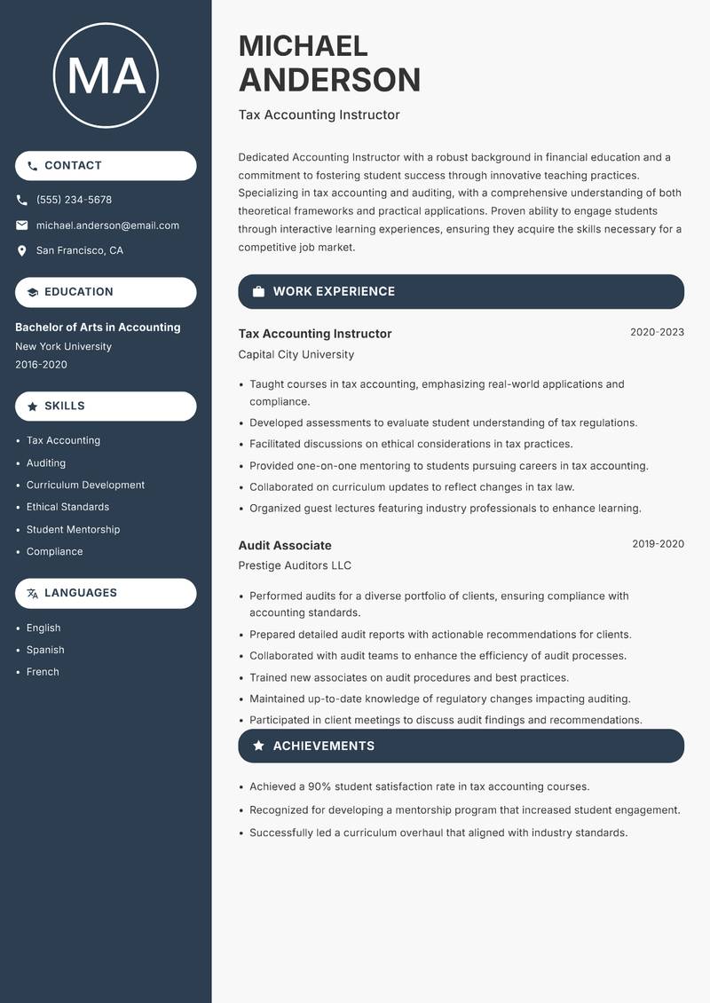 Accounting Instructor Resume Preview Example