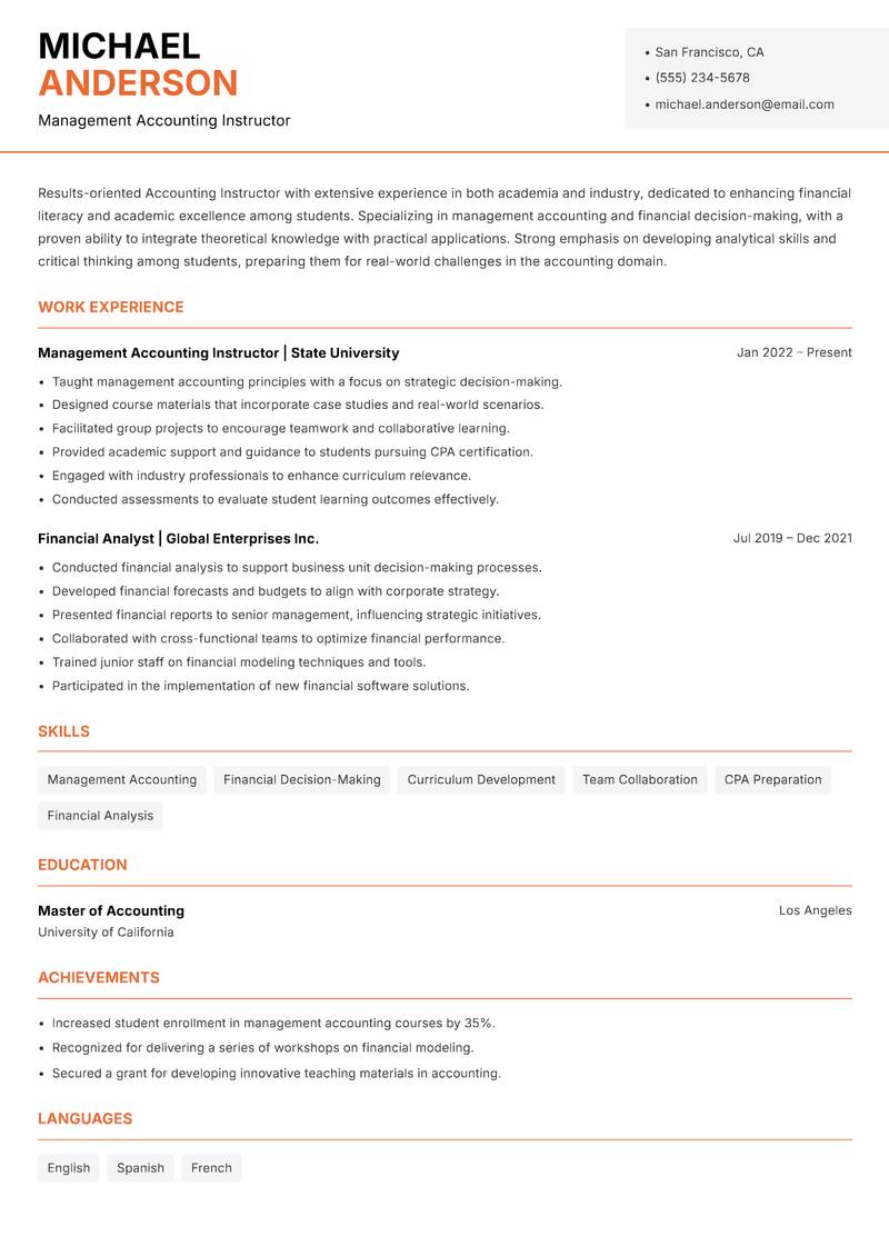 Accounting Instructor Resume Template
