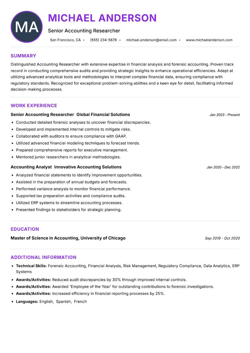 Accounting Researcher Resume Preview Example