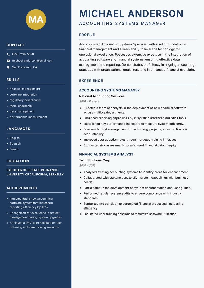 Accounting Systems Specialist Resume Preview Example