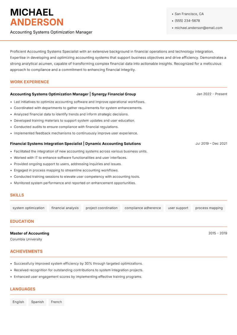 Accounting Systems Specialist Resume Template