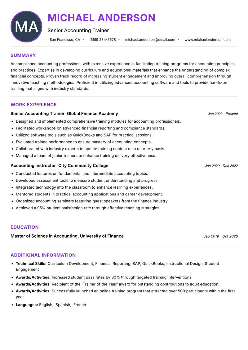 Accounting Trainer Resume Preview Example