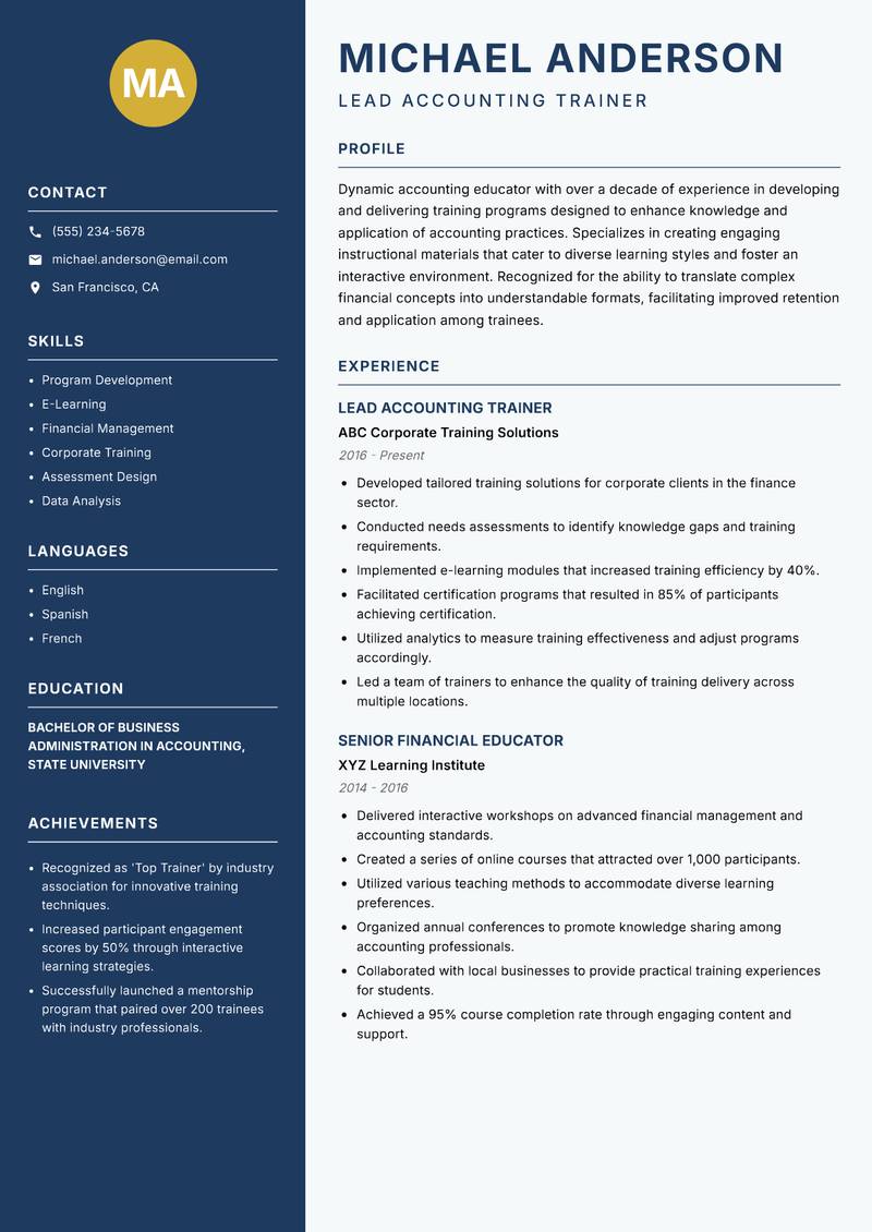 Accounting Trainer Resume Preview Example