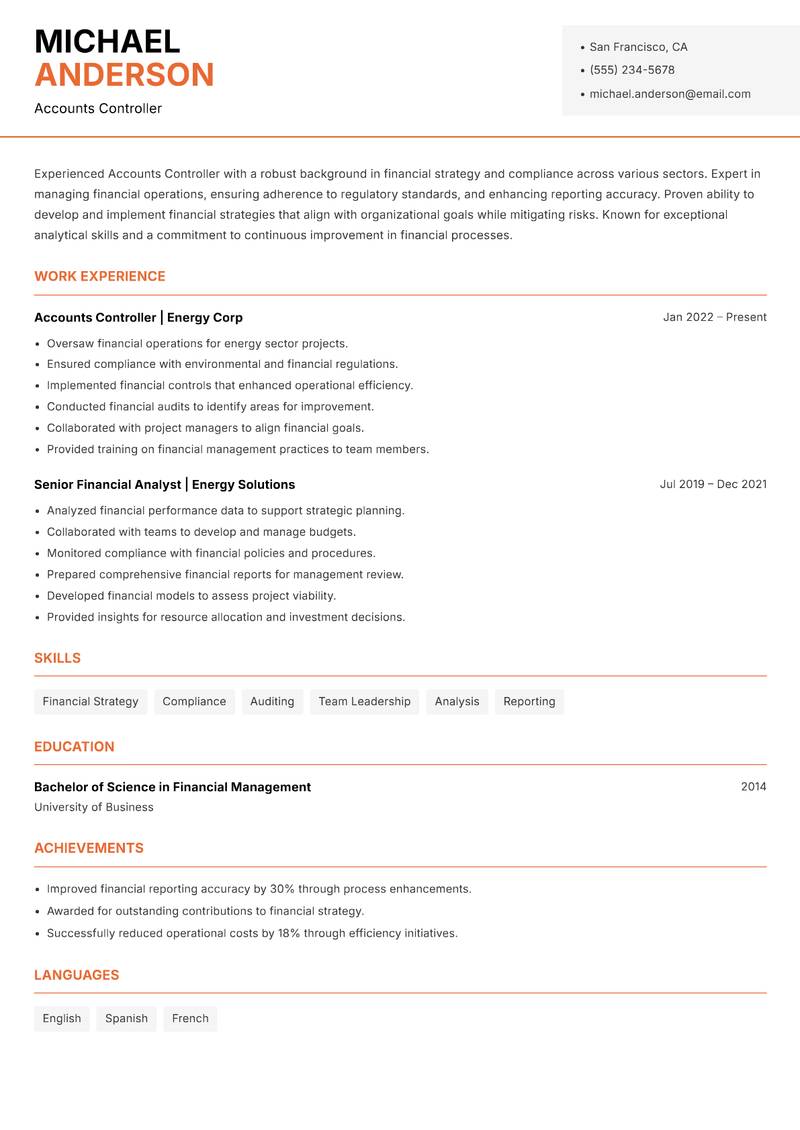 Accounts Controller Resume Template