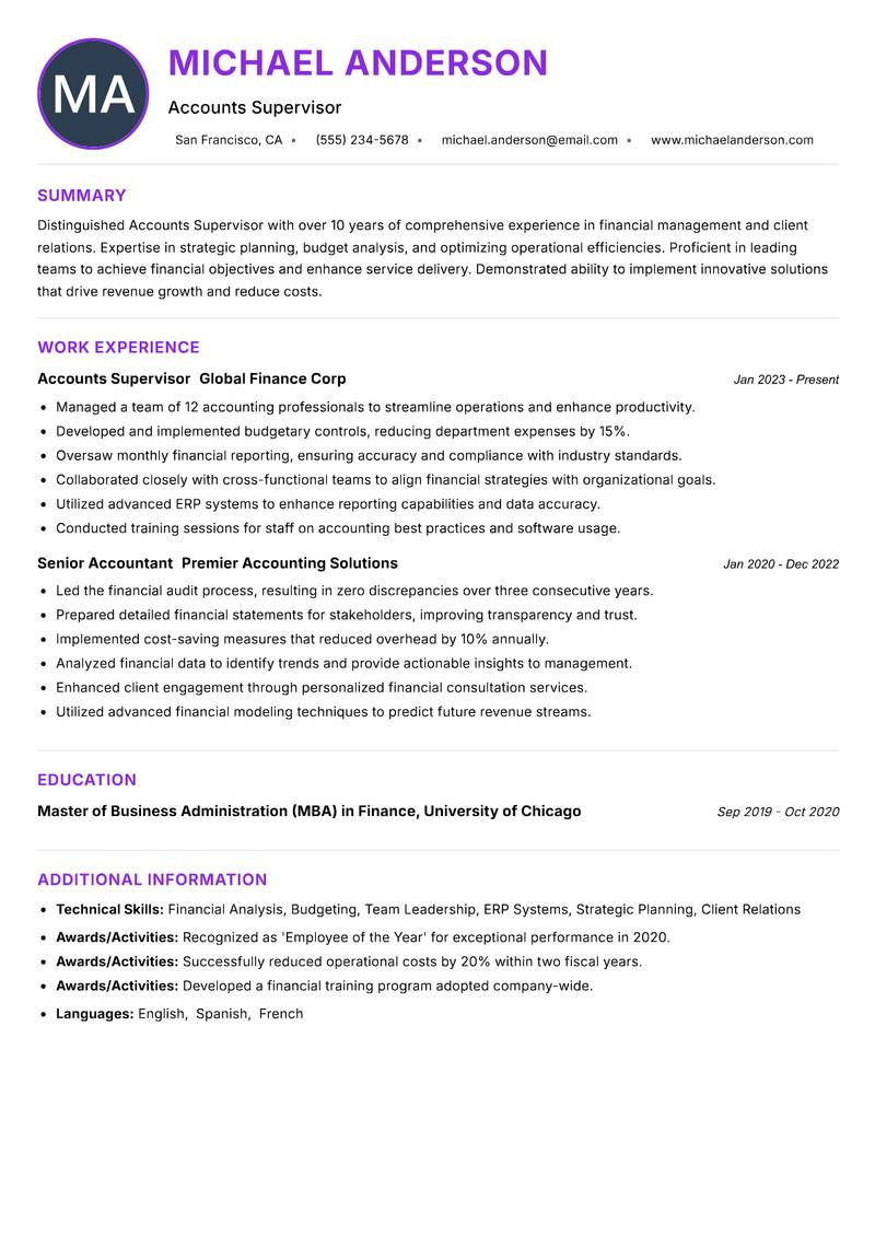 Accounts Supervisor Resume Preview Example