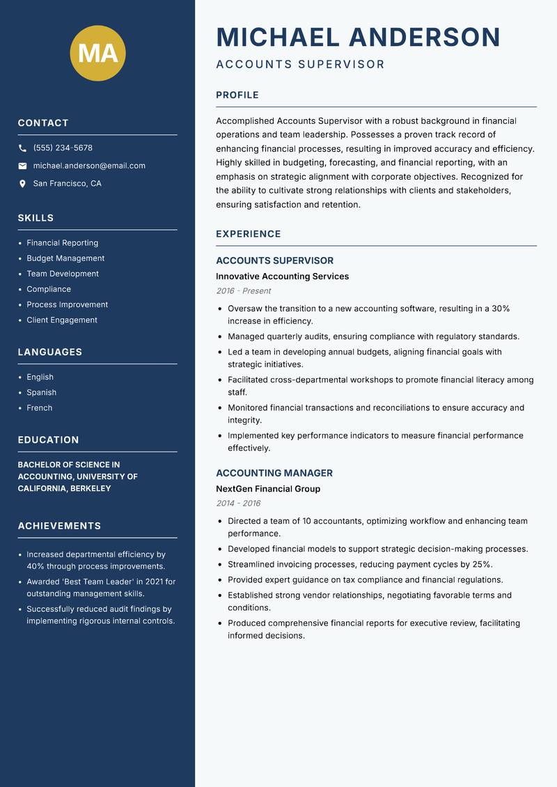 Accounts Supervisor Resume Preview Example