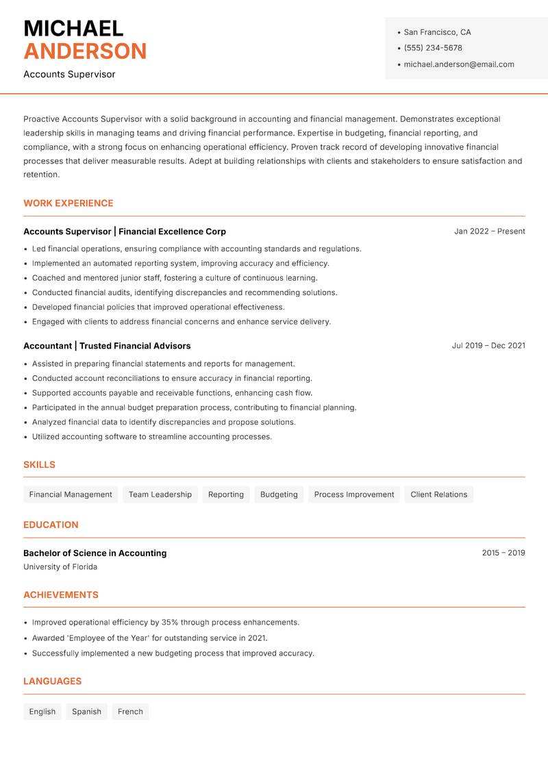 Accounts Supervisor Resume Template