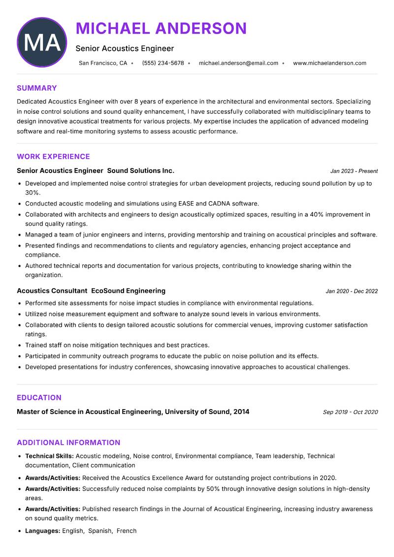 Acoustics Engineer Resume Preview Example