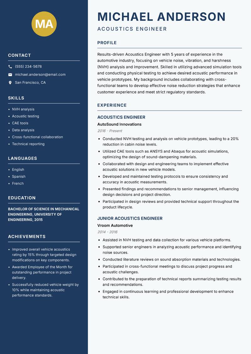 Acoustics Engineer Resume Preview Example