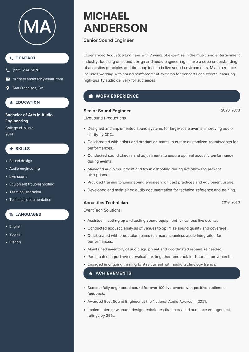 Acoustics Engineer Resume Preview Example