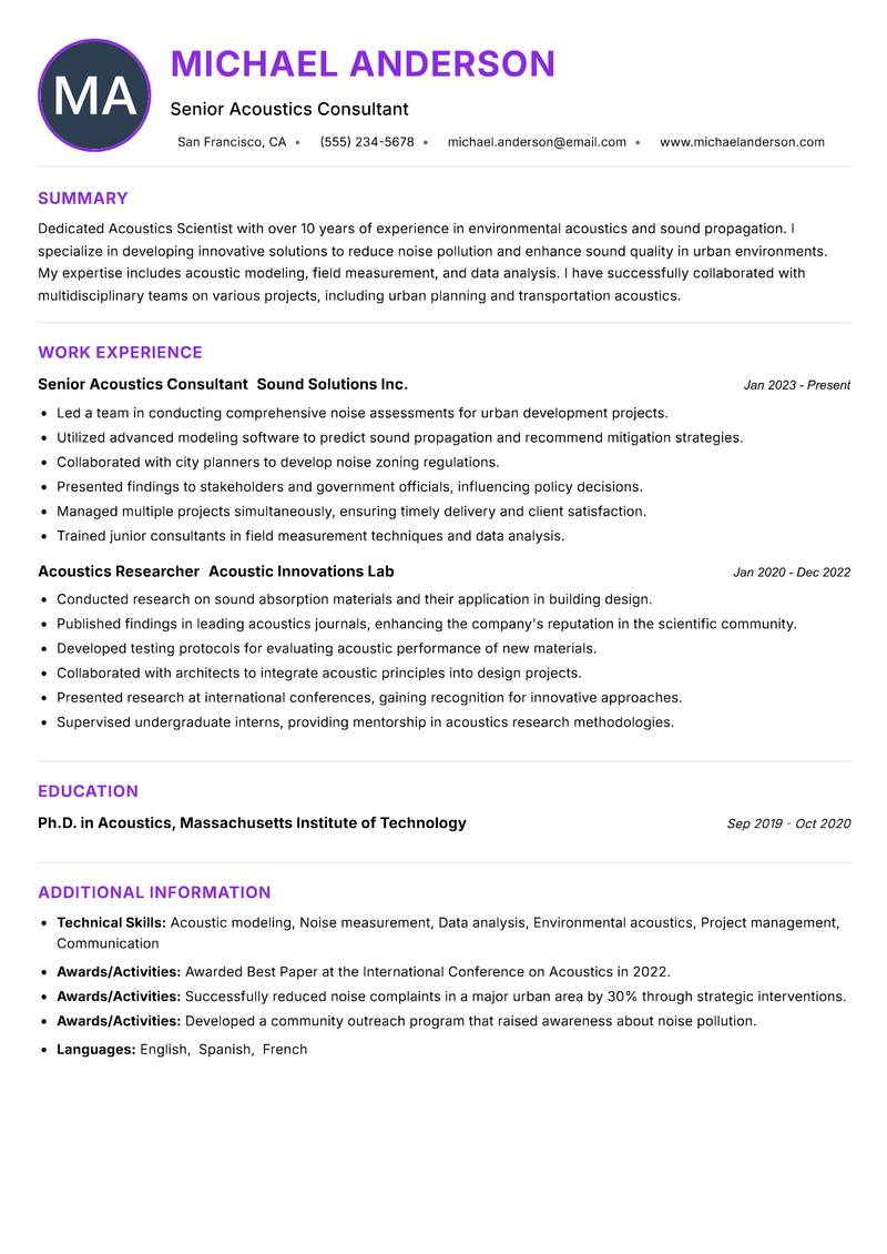 Acoustics Scientist Resume Preview Example
