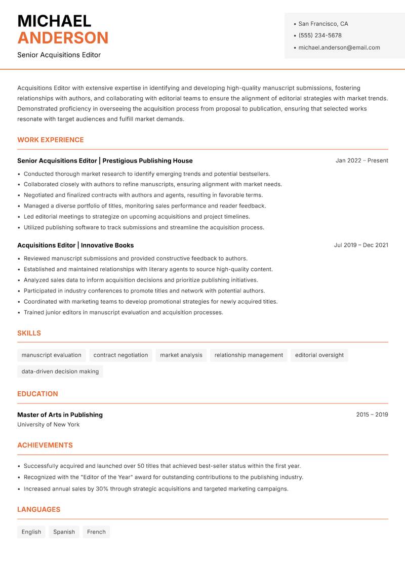 Acquisitions Editor Resume Template
