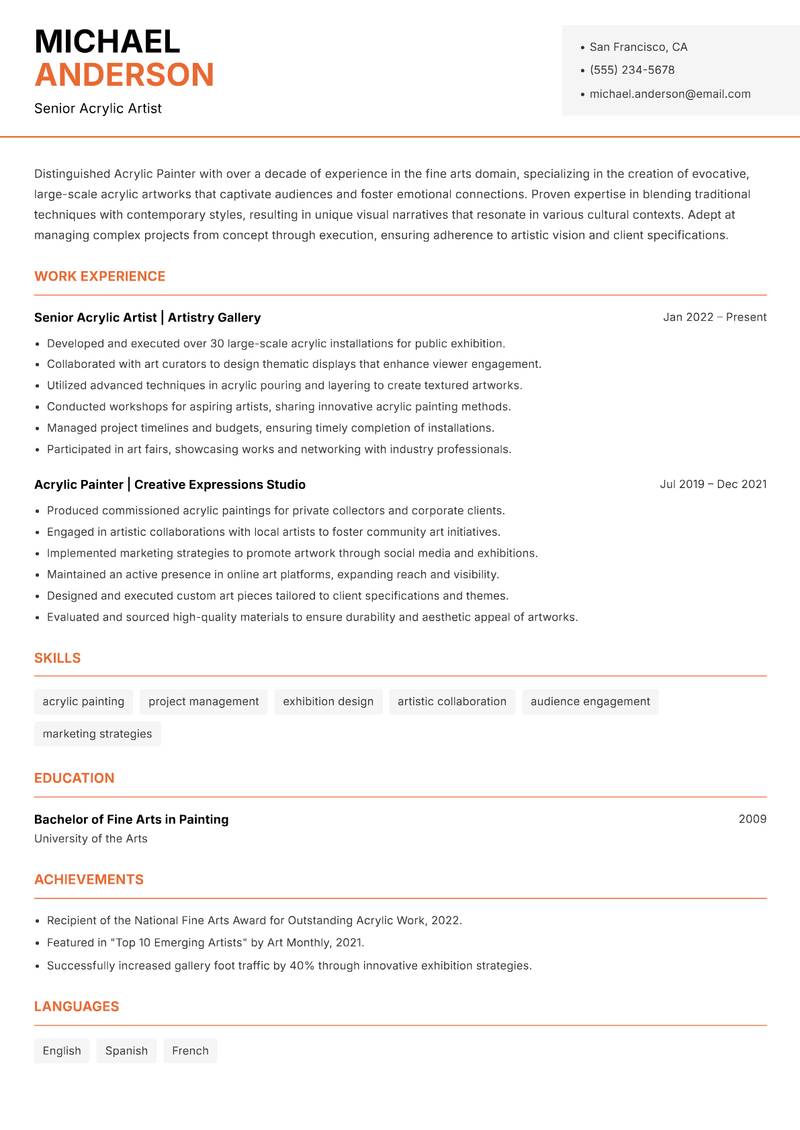 Acrylic Painter Resume Template