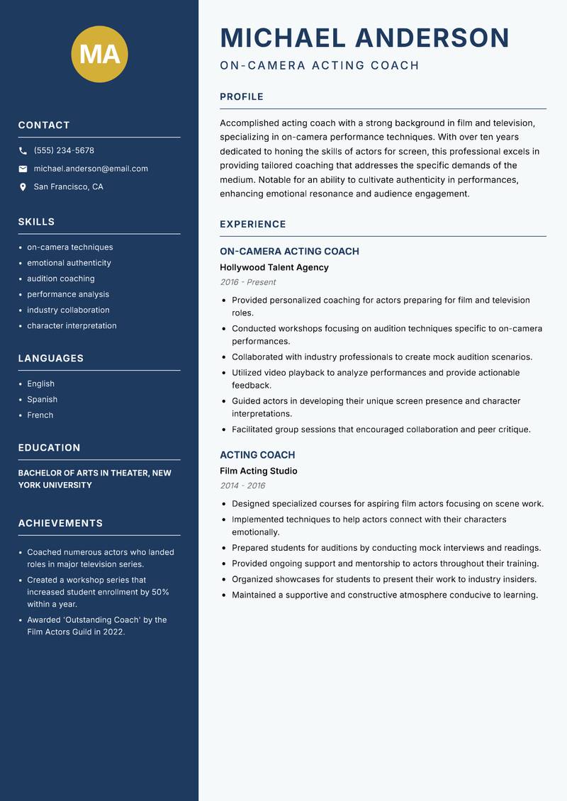 Acting Coach Resume Preview Example