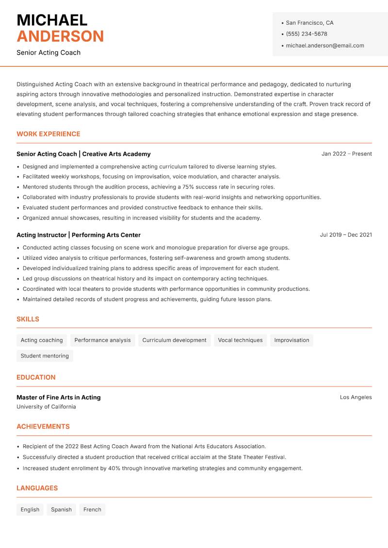 Acting Coach Resume Template