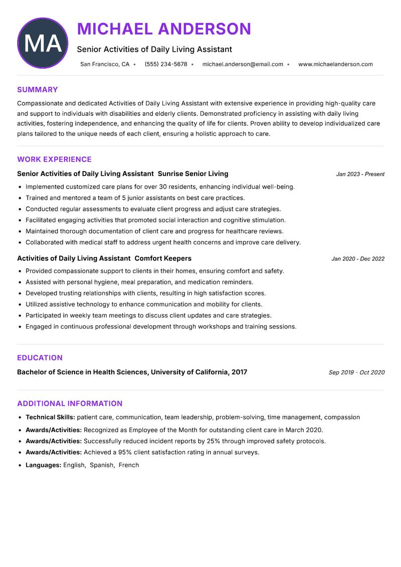 Activities of Daily Living Assistant Resume Preview Example
