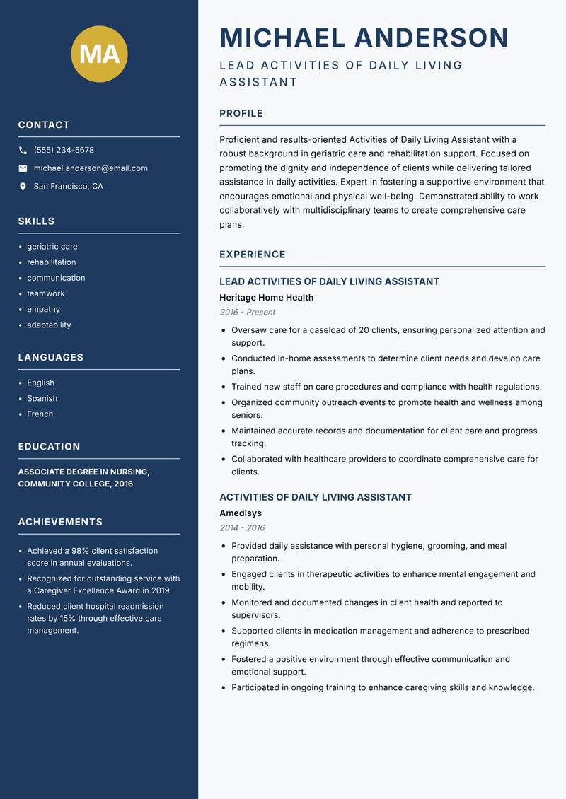 Activities of Daily Living Assistant Resume Preview Example