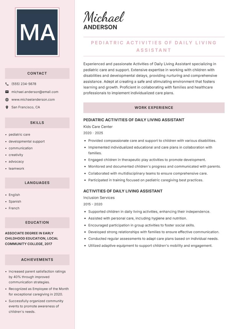 Activities of Daily Living Assistant Resume Preview Example