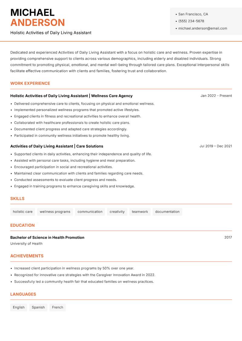 Activities of Daily Living Assistant Resume Template