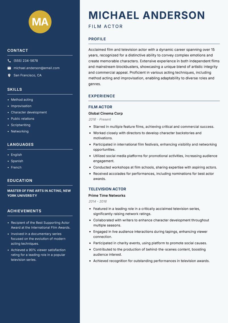 Actor Resume Preview Example