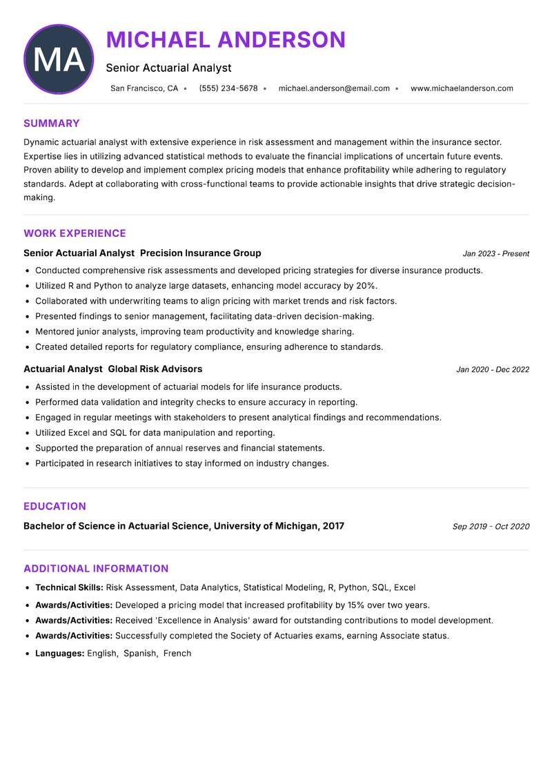 Actuarial Analyst Resume Preview Example