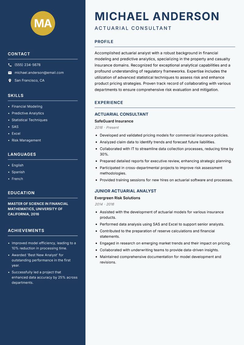 Actuarial Analyst Resume Preview Example