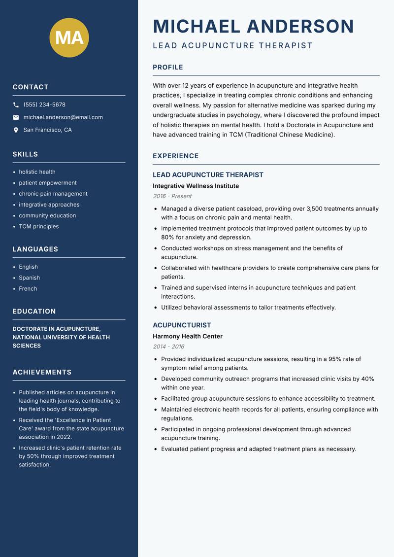 Acupuncture Therapist Resume Preview Example