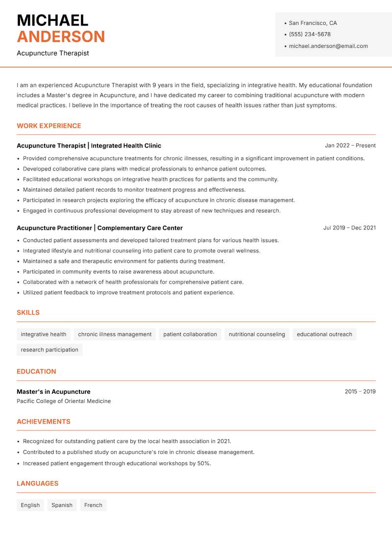 Acupuncture Therapist Resume Template
