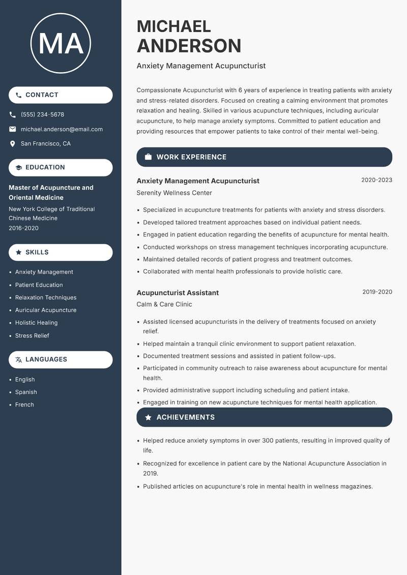 Acupuncturist Resume Preview Example