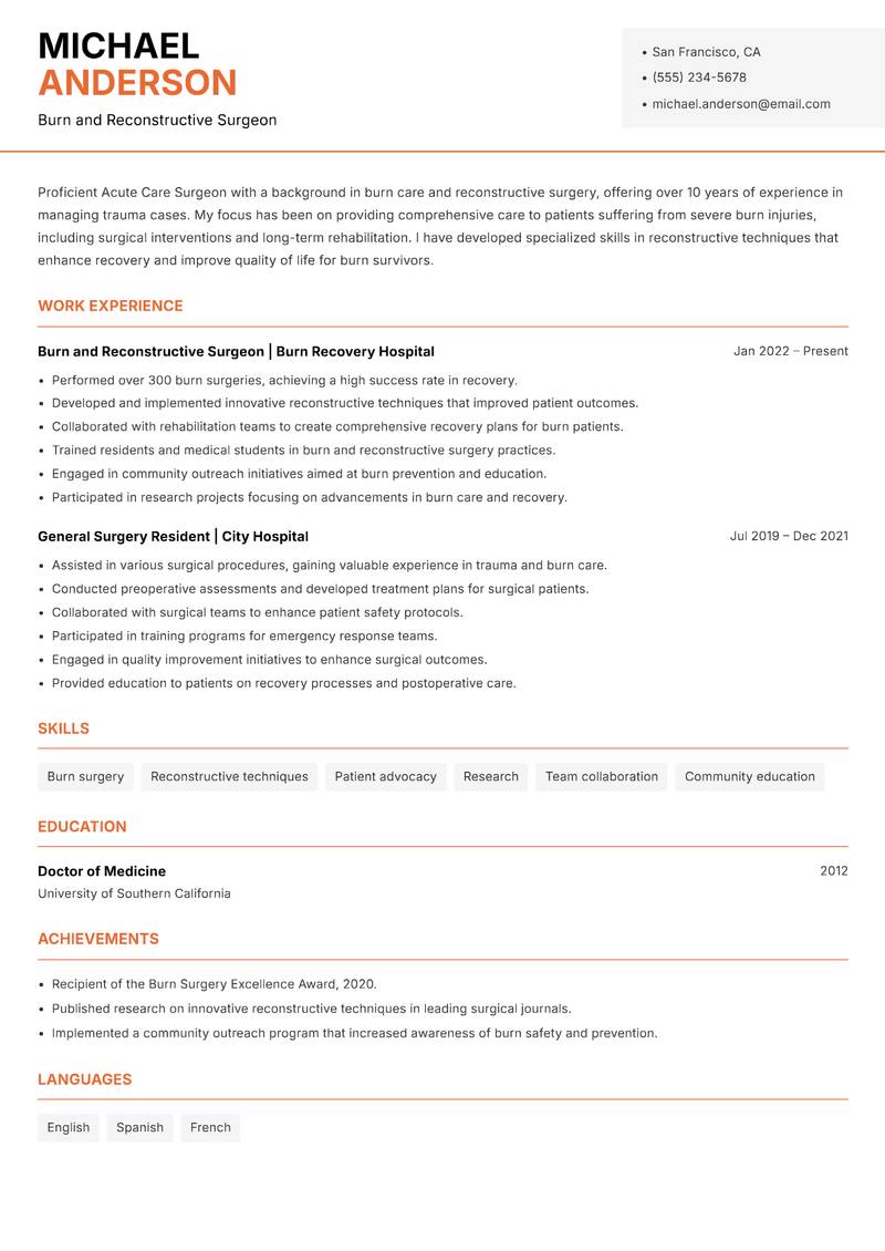 Acute Care Surgeon Resume Template