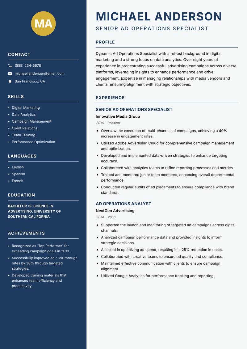 Ad Operations Specialist Resume Preview Example
