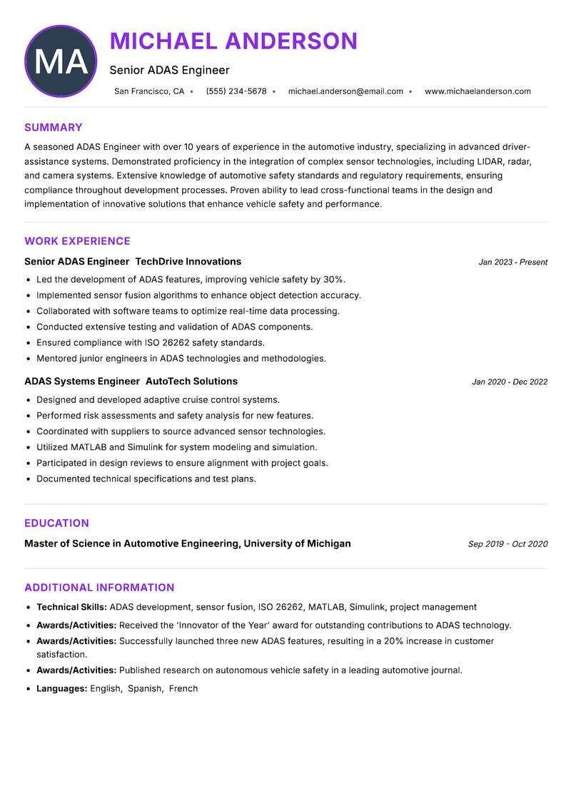 ADAS Engineer Resume Preview Example