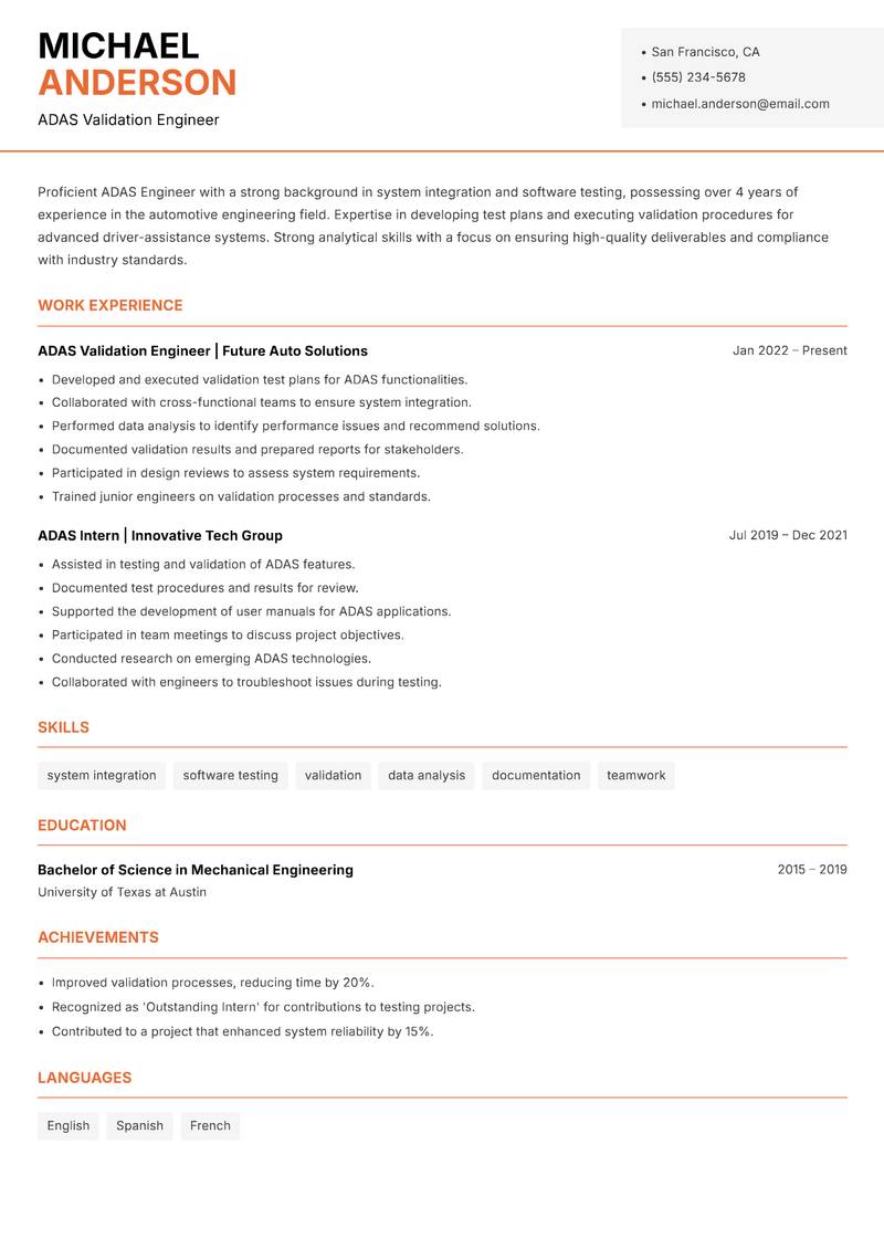 ADAS Engineer Resume Template