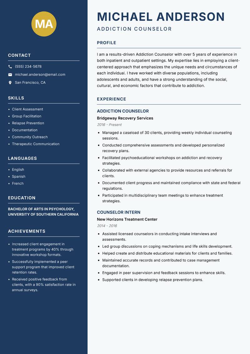 Addiction Counselor Resume Preview Example