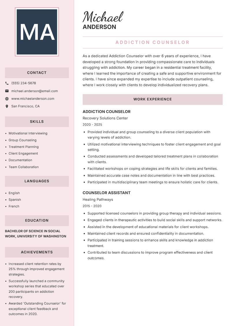 Addiction Counselor Resume Preview Example