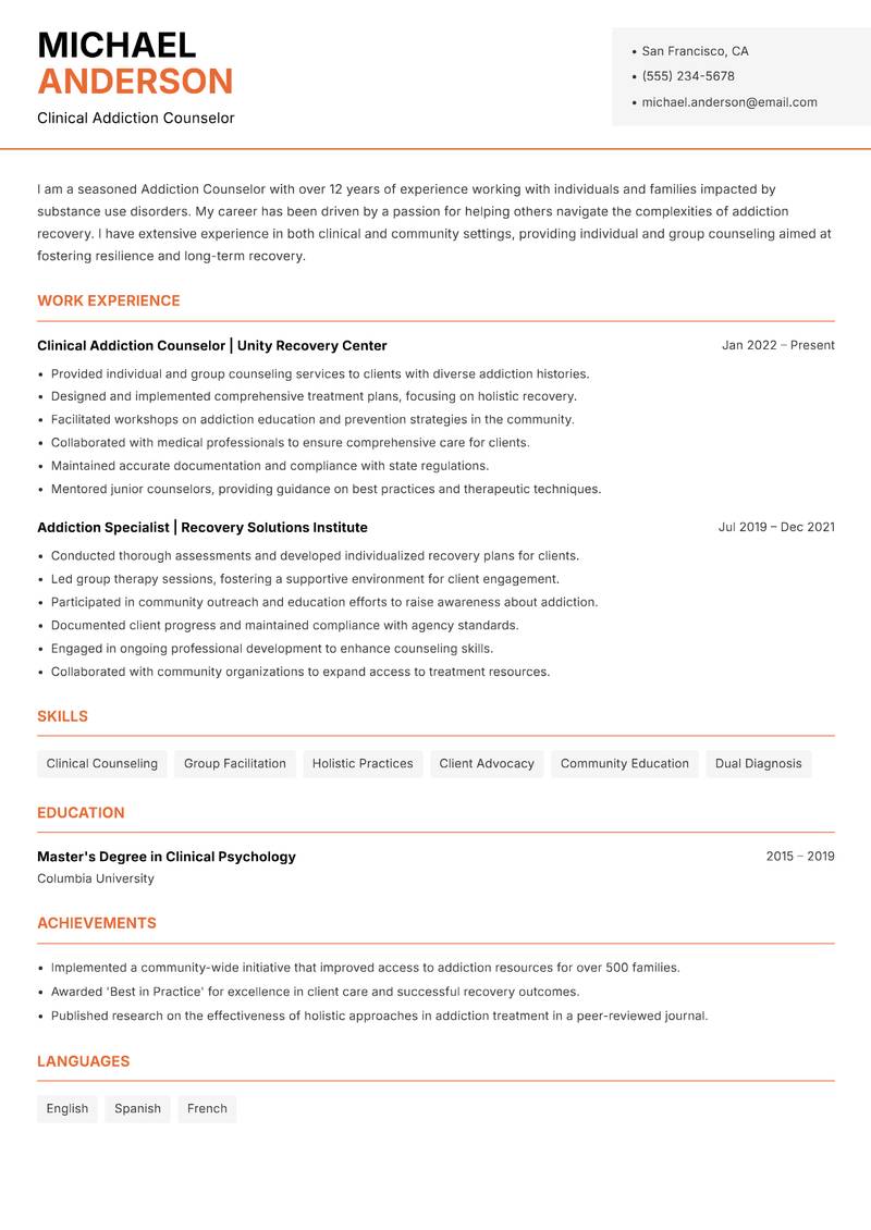 Addiction Counselor Resume Template