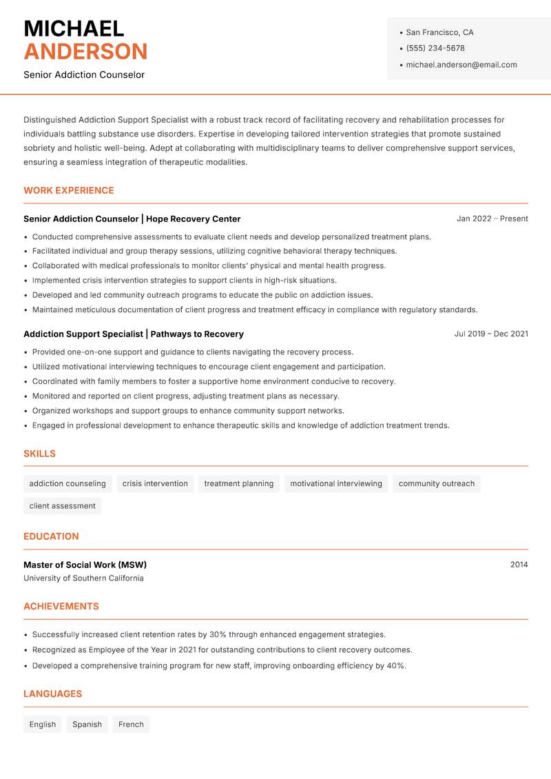 Addiction Support Specialist Resume Template