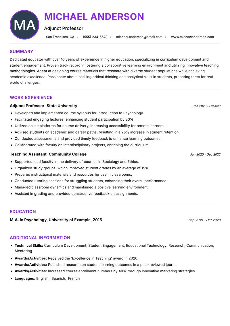 Adjunct Faculty Resume Preview Example