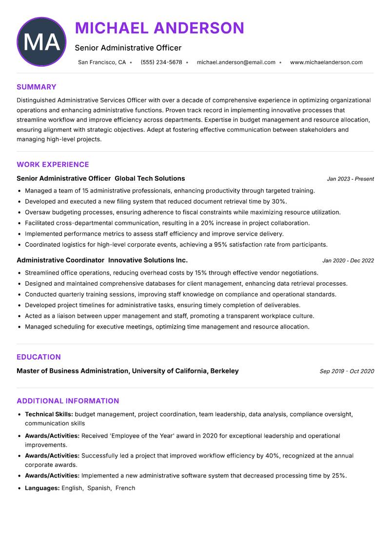 Administrative Services Officer Resume Preview Example